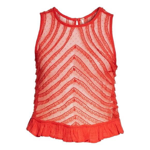 Free People|She's a Doll Red Lace Sleeveless Peplum Top, XS - Picture 4 of 10